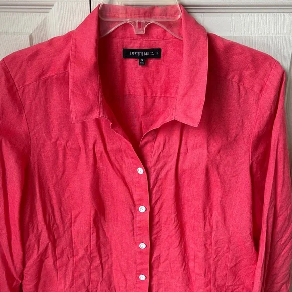 Lafayette 148 women’s 100% linen Coral pink Button-Down 3/4 sleeve Shirt 12 EUC - Picture 2 of 11